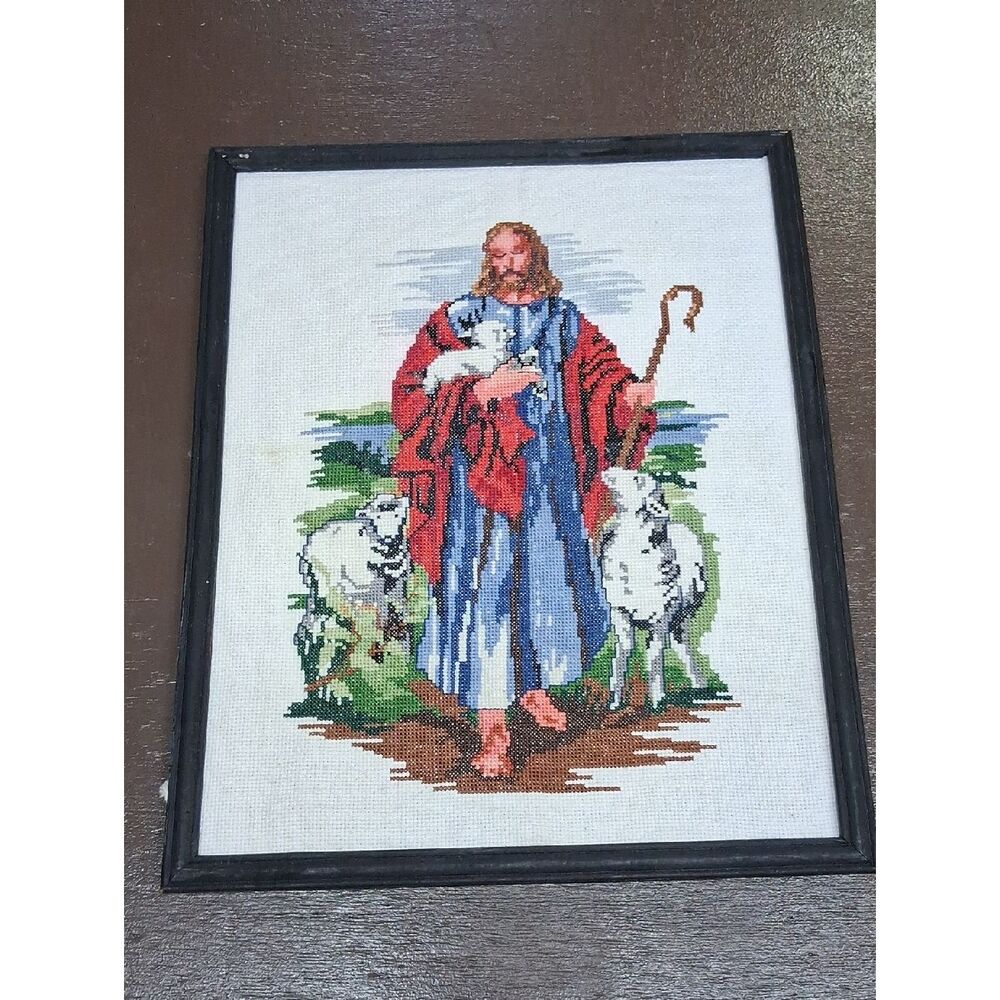 Jesus The Shepherd Caring  for His Sheep Vintage‎ Embroidered Art